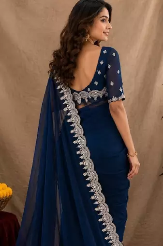 blue soft shimmer chiffon embroidery work designer saree with unstitched blouse piece