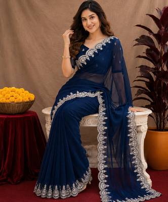 blue soft shimmer chiffon embroidery work designer saree with unstitched blouse piece 4