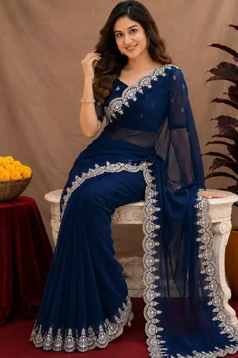 blue soft shimmer chiffon embroidery work designer saree with unstitched blouse piece