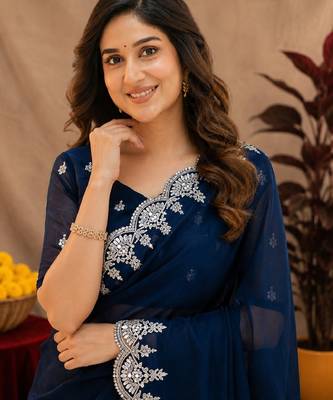 blue soft shimmer chiffon embroidery work designer saree with unstitched blouse piece 5