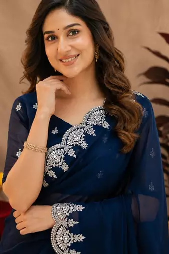 blue soft shimmer chiffon embroidery work designer saree with unstitched blouse piece