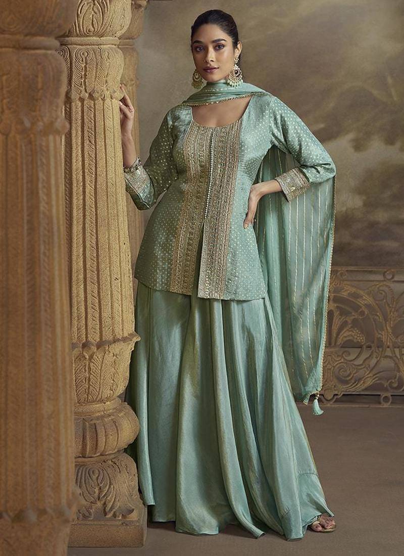 Light blue viscose simar embroidered readymade palazzo suit