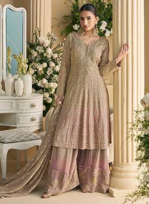 Beige & pink faux georgette embroidered readymade palazzo suit 1