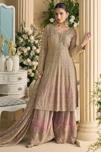 Beige & pink faux georgette embroidered readymade palazzo suit