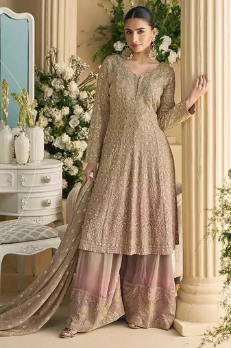 Beige & pink faux georgette embroidered readymade palazzo suit