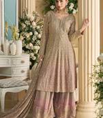 Beige & pink faux georgette embroidered readymade palazzo suit