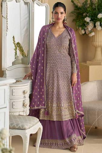 Violet faux georgette embroidered readymade palazzo suit