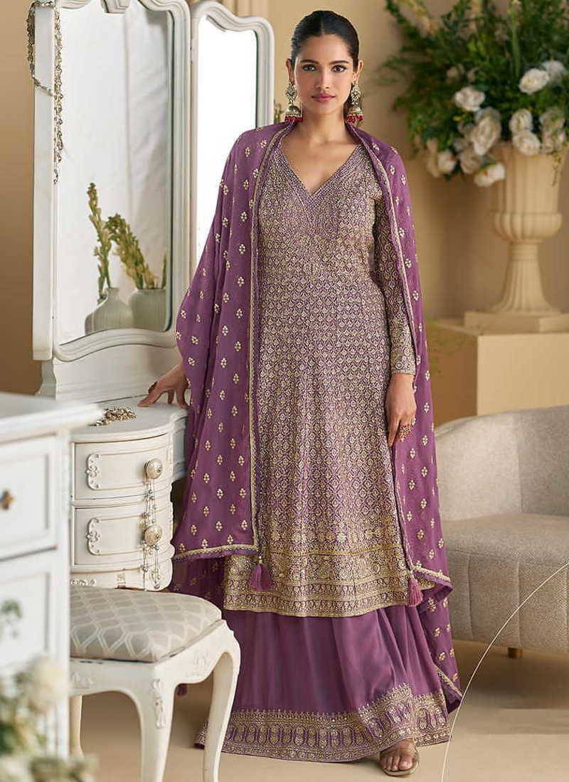 Violet faux georgette embroidered readymade palazzo suit