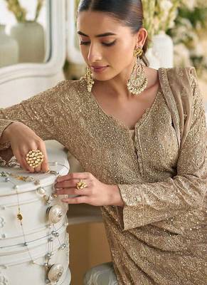 Beige & pink faux georgette embroidered readymade palazzo suit 2