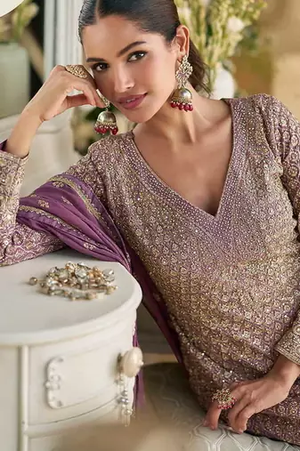 Violet faux georgette embroidered readymade palazzo suit