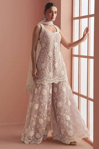 Beige net embroidered readymade salwar kameez