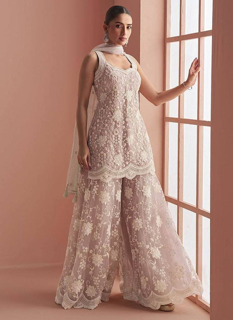 Beige net embroidered readymade salwar kameez
