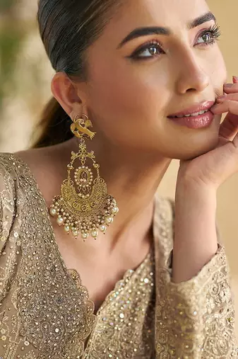 Beige & pink faux georgette embroidered readymade palazzo suit