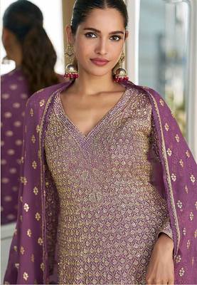 Violet faux georgette embroidered readymade palazzo suit 3