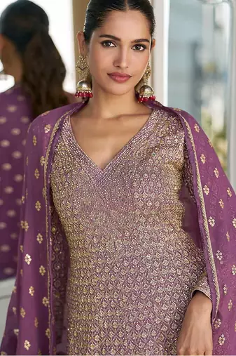 Violet faux georgette embroidered readymade palazzo suit