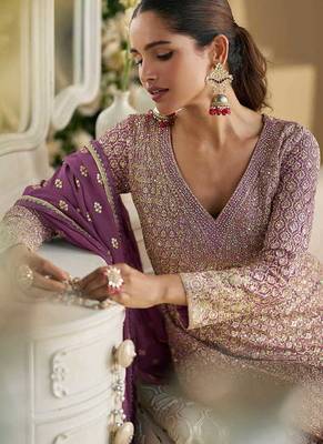 Violet faux georgette embroidered readymade palazzo suit 4