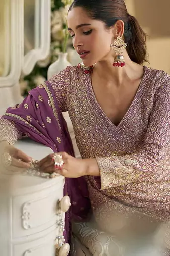Violet faux georgette embroidered readymade palazzo suit