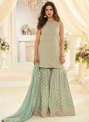 Sea green faux georgette embroidered readymade sharara suit set 1