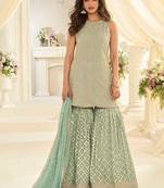 Sea green faux georgette embroidered readymade sharara suit set
