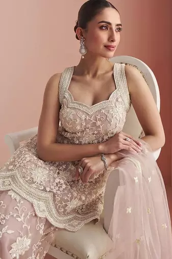 Beige net embroidered readymade salwar kameez