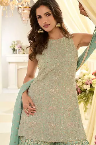 Sea green faux georgette embroidered readymade sharara suit set