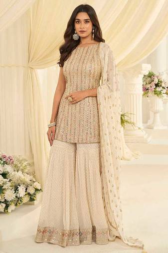 Off white faux georgette embroidered readymade sharara suit set
