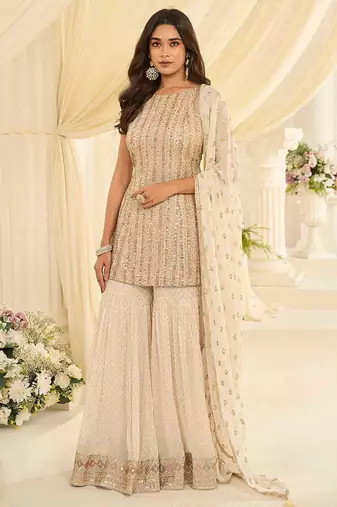 Off white faux georgette embroidered readymade sharara suit set