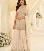 Off white faux georgette embroidered readymade sharara suit set