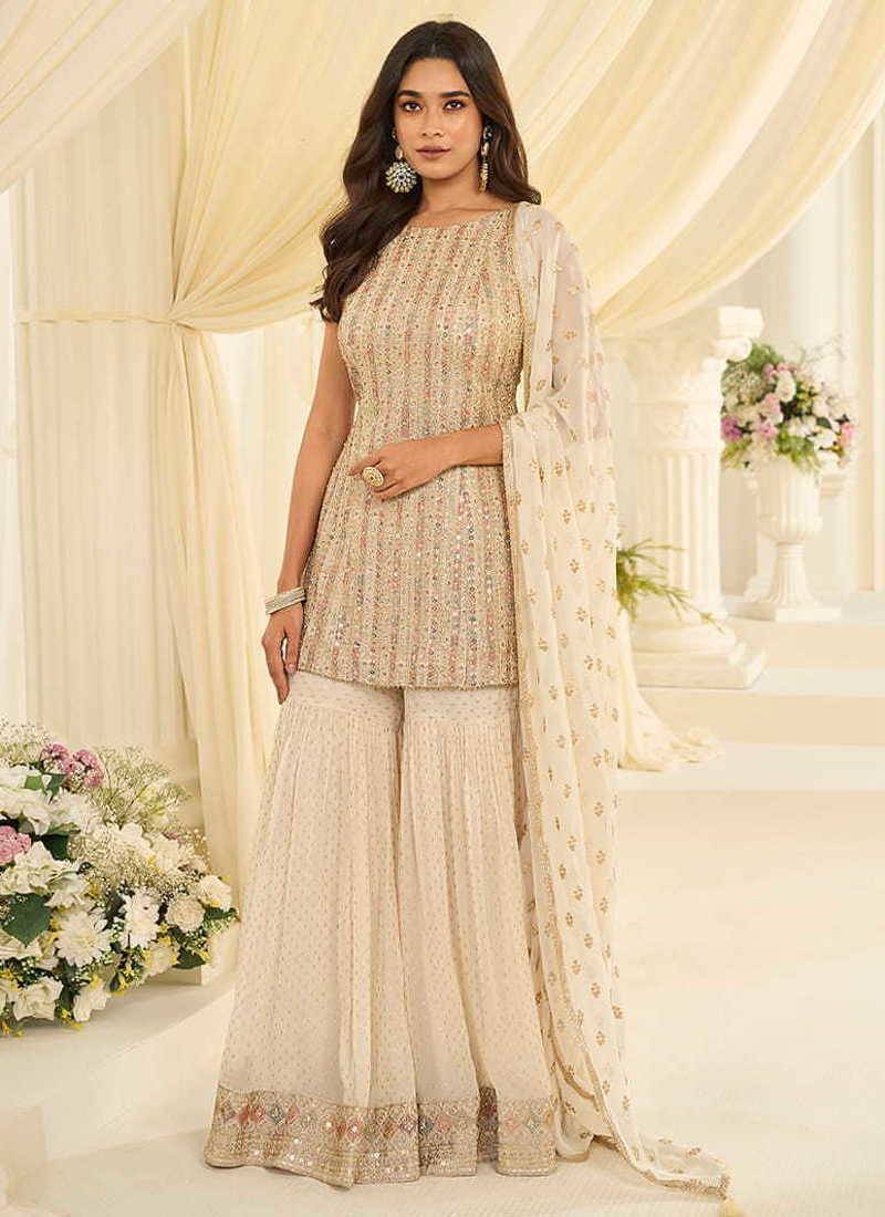 Off white faux georgette embroidered readymade sharara suit set