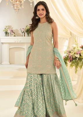 Sea green faux georgette embroidered readymade sharara suit set 3