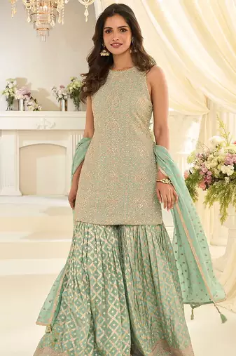 Sea green faux georgette embroidered readymade sharara suit set