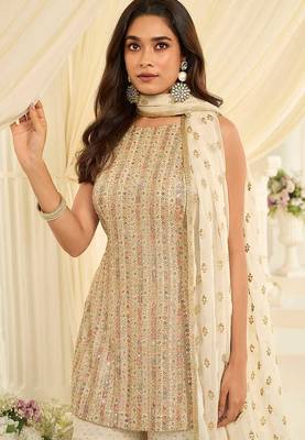 Off white faux georgette embroidered readymade sharara suit set 2