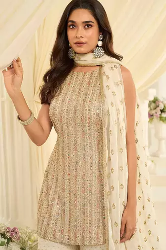 Off white faux georgette embroidered readymade sharara suit set
