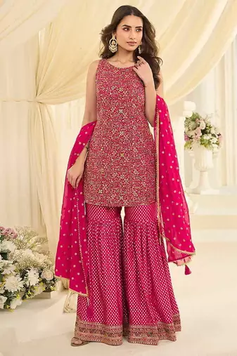 Rani pink faux georgette embroidered readymade sharara suit set
