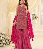 Rani pink faux georgette embroidered readymade sharara suit set