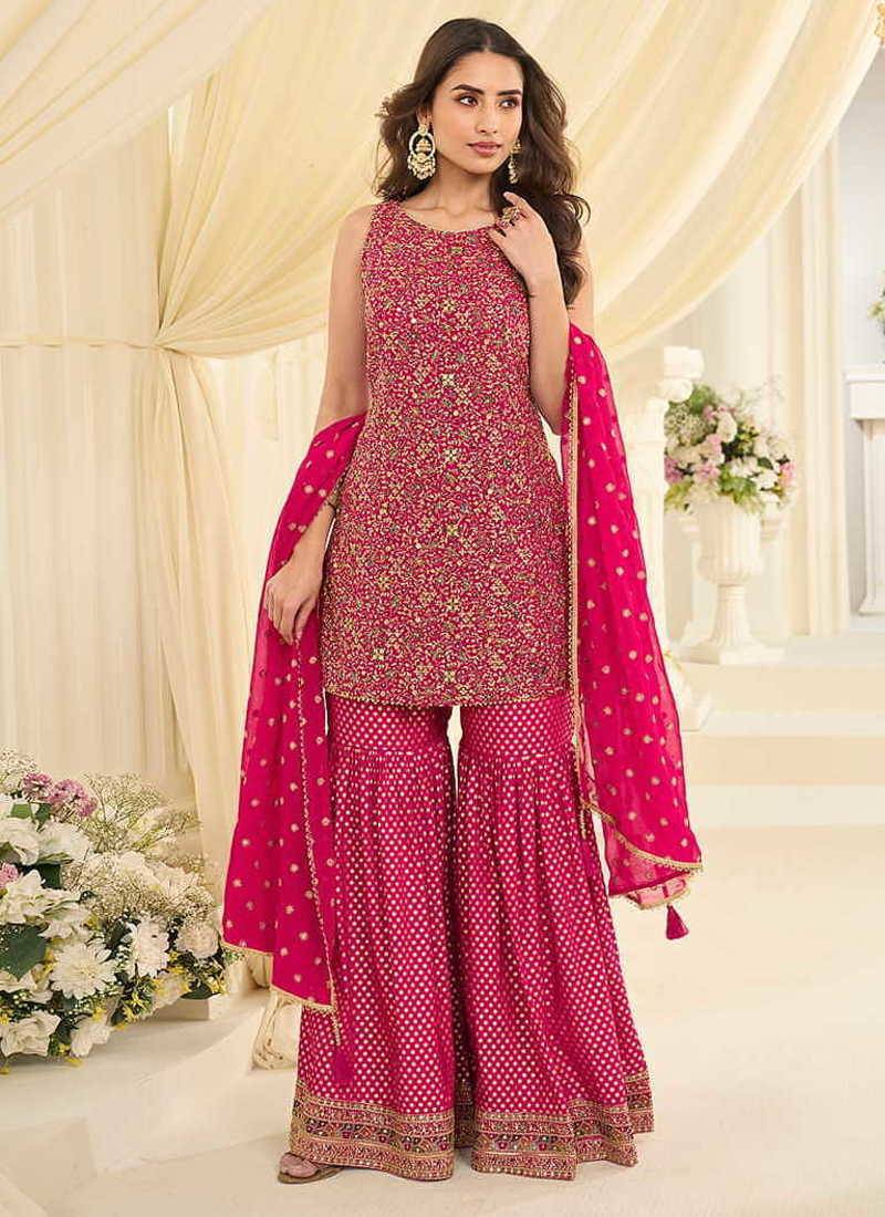 Rani pink faux georgette embroidered readymade sharara suit set