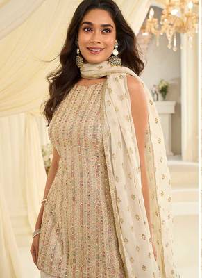 Off white faux georgette embroidered readymade sharara suit set 3