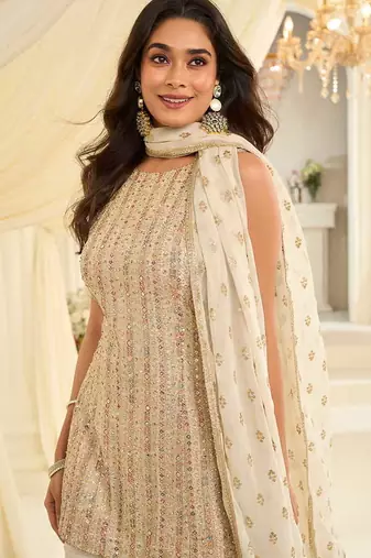 Off white faux georgette embroidered readymade sharara suit set