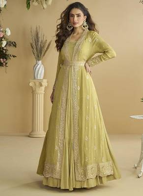 Pastel yellow faux chinon silk embroidered readymade anarkali gown with shrug & belt 1