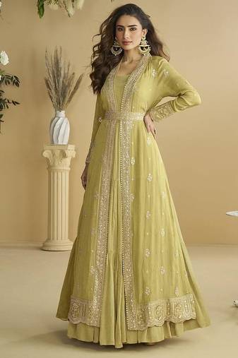 Pastel yellow faux chinon silk embroidered readymade anarkali gown with shrug & belt