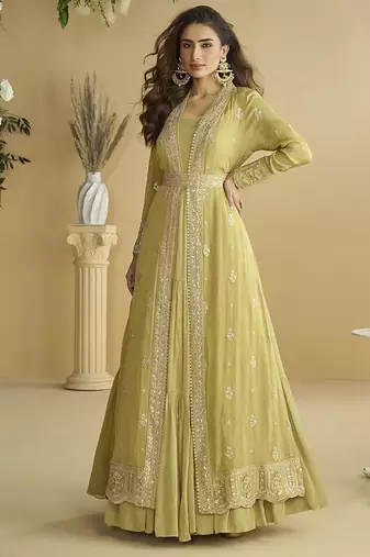Pastel yellow faux chinon silk embroidered readymade anarkali gown with shrug & belt