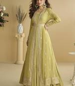 Pastel yellow faux chinon silk embroidered readymade anarkali gown with shrug & belt
