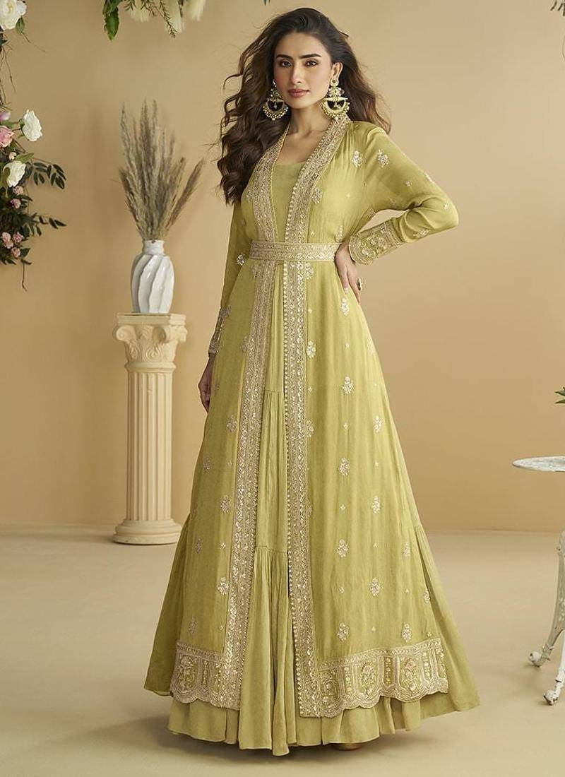 Pastel yellow faux chinon silk embroidered readymade anarkali gown with shrug & belt