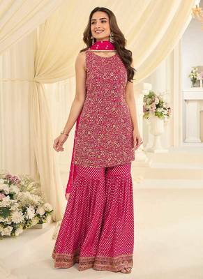 Rani pink faux georgette embroidered readymade sharara suit set 3