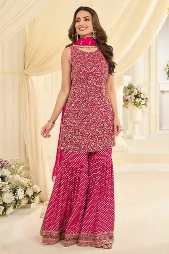 Rani pink faux georgette embroidered readymade sharara suit set