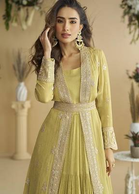 Pastel yellow faux chinon silk embroidered readymade anarkali gown with shrug & belt 2