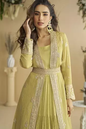 Pastel yellow faux chinon silk embroidered readymade anarkali gown with shrug & belt