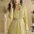 Pastel yellow faux chinon silk embroidered readymade anarkali gown with shrug & belt