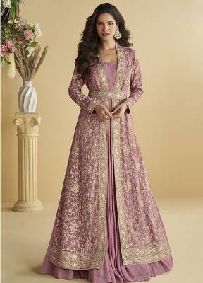 Onion pink faux chinon silk embroidered readymade anarkali gown with shrug & belt 1