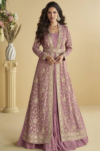 Onion pink faux chinon silk embroidered readymade anarkali gown with shrug & belt